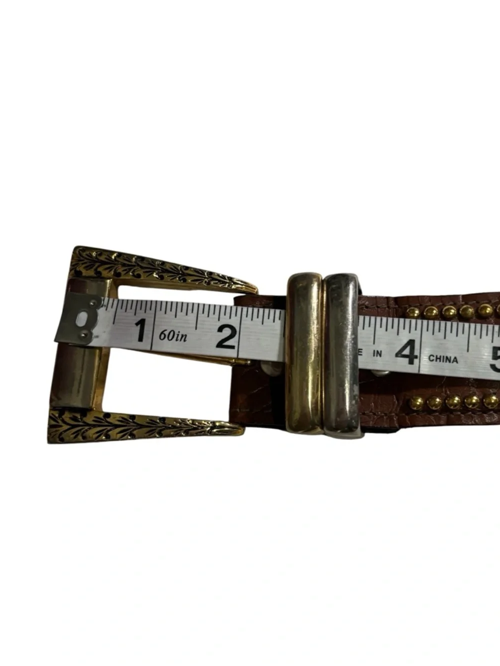 Vintage Sand Castle USA Studded Leather Western Belt Brown Gold Silver Rodeo